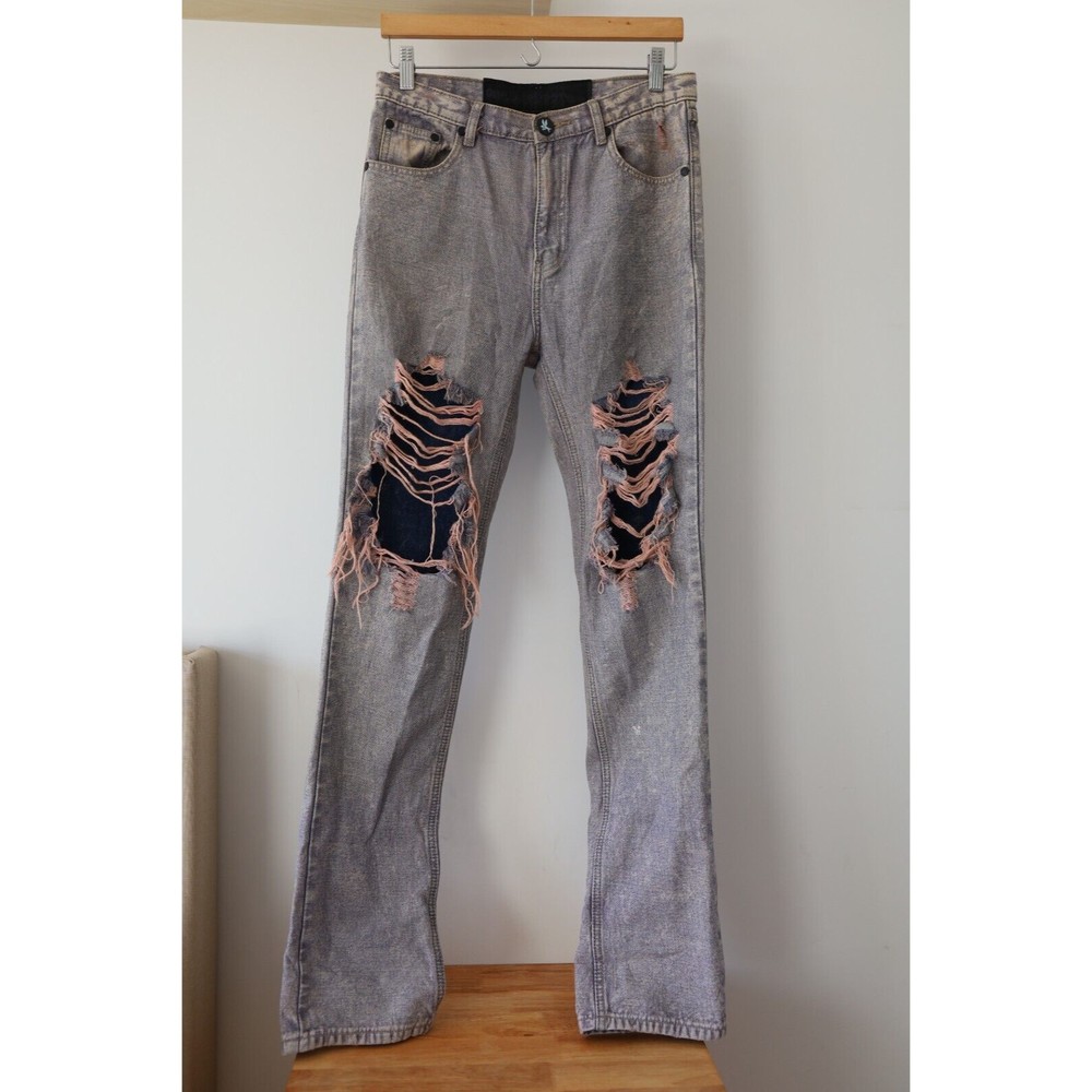 One X One Teaspoon Jeans Size 25 Distress Denim Flare Patched Frayed Grunge Emo - Picture 1 of 10